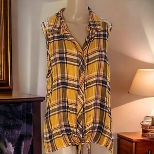 Women's mustard sleeveless plaid summer top